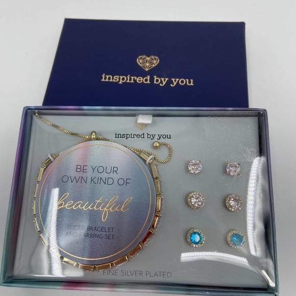 INSPIRED By You Fine Silver Plated Slider Bracelet & Earrings CZ's Gold Tone NEW - Picture 1 of 9